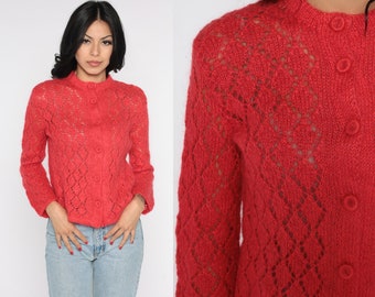 Sheer Wool Sweater 60s Red Bohemian Cardigan Sweater 70s Wool Boho Sweater Vintage Hippie Textured Knit Grandma 1960s Small S