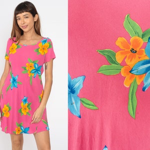 90s Floral Dress Bright Pink Hawaiian Tropical Mini Flower Print Summer Dress Boho 1990s Bohemian Vintage Shift Short Sleeve Small S