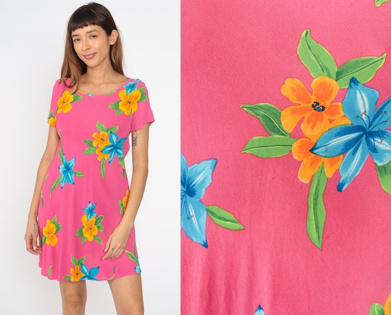 90s Floral Dress Bright Pink Hawaiian Tropical Mini Flower Print Summer Dress Boho 1990s Bohemian Vintage Shift Short Sleeve Small S