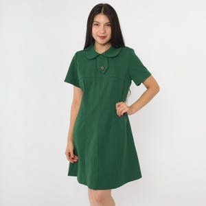 60s Space Age Dress Dark Green Peter Pan Collar Dress 1960s Mod Mini Dress Shift Hippie Vintage Sixties Twiggy Gogo Go Go Medium M