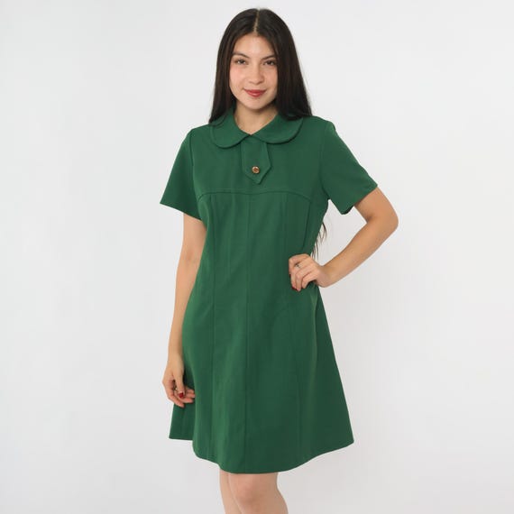 60s Space Age Dress Dark Green Peter Pan Collar Dress 1960s Mod Mini Dress Shift Hippie Vintage Sixties Twiggy Gogo Go Go Medium M