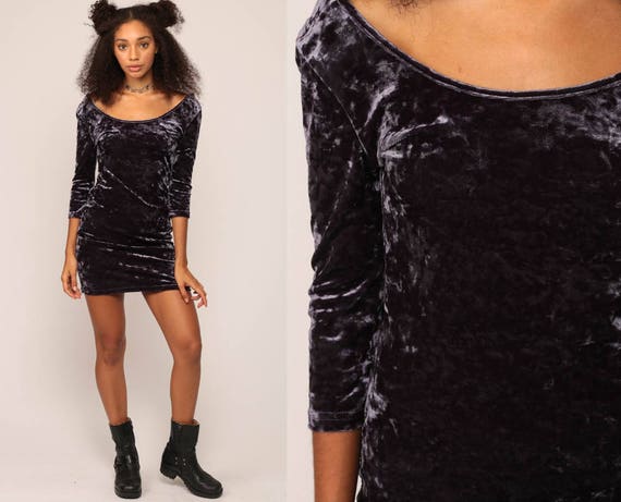 Crushed Velvet Dress 90s Mini Party Grunge BODYCON Purple Club 1990s Gothic Clubwear Rave Long Sleeve Vintage Goth Minidress Small Medium