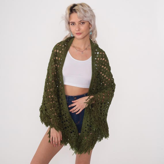 Green Fringe Poncho 70s Hippie Shawl Boho Sheer Knit Cape Crochet Afghan Cropped Poncho 1970s Bohemian Vintage Festival Small Medium Large