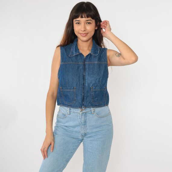 90s Cropped Denim Vest Blue Zip Up Jean Crop Top Sleeveless Shirt Vintage 1990s Utility Pocket Top Large 12