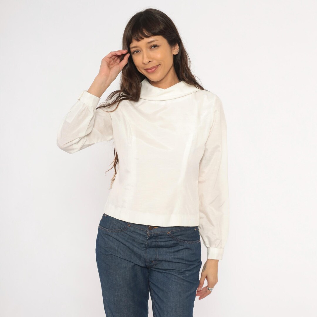 70s Cream Cowl Neck Blouse Back Button Closure Balloon Sleeve Ivory ...