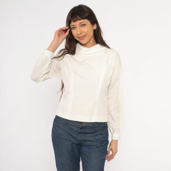 70s Cream Cowl Neck Blouse Back Button Closure Balloon Sleeve Ivory Cropped Top Off White Shirt Minimal Collegiate Preppy Vintage Medium M