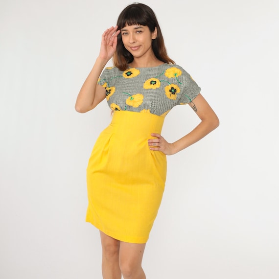 80s Yellow Floral Dress Empire Waist Black Gingham Checkered Poppy Print Short Sleeve Retro Fitted Vintage Short Minidress Small 4