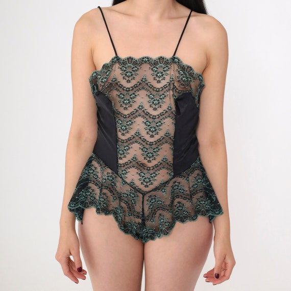 Lace Teddy 80s Lingerie Romper Black Green Floral… - image 9