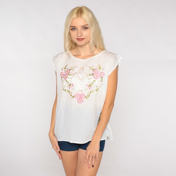 Embroidered Tank Top 90s Semi-Sheer White Metallic Floral Blouse Bali Cutwork Shirt Flower Cutout Summer Cap Sleeve Vintage 1990s Medium M