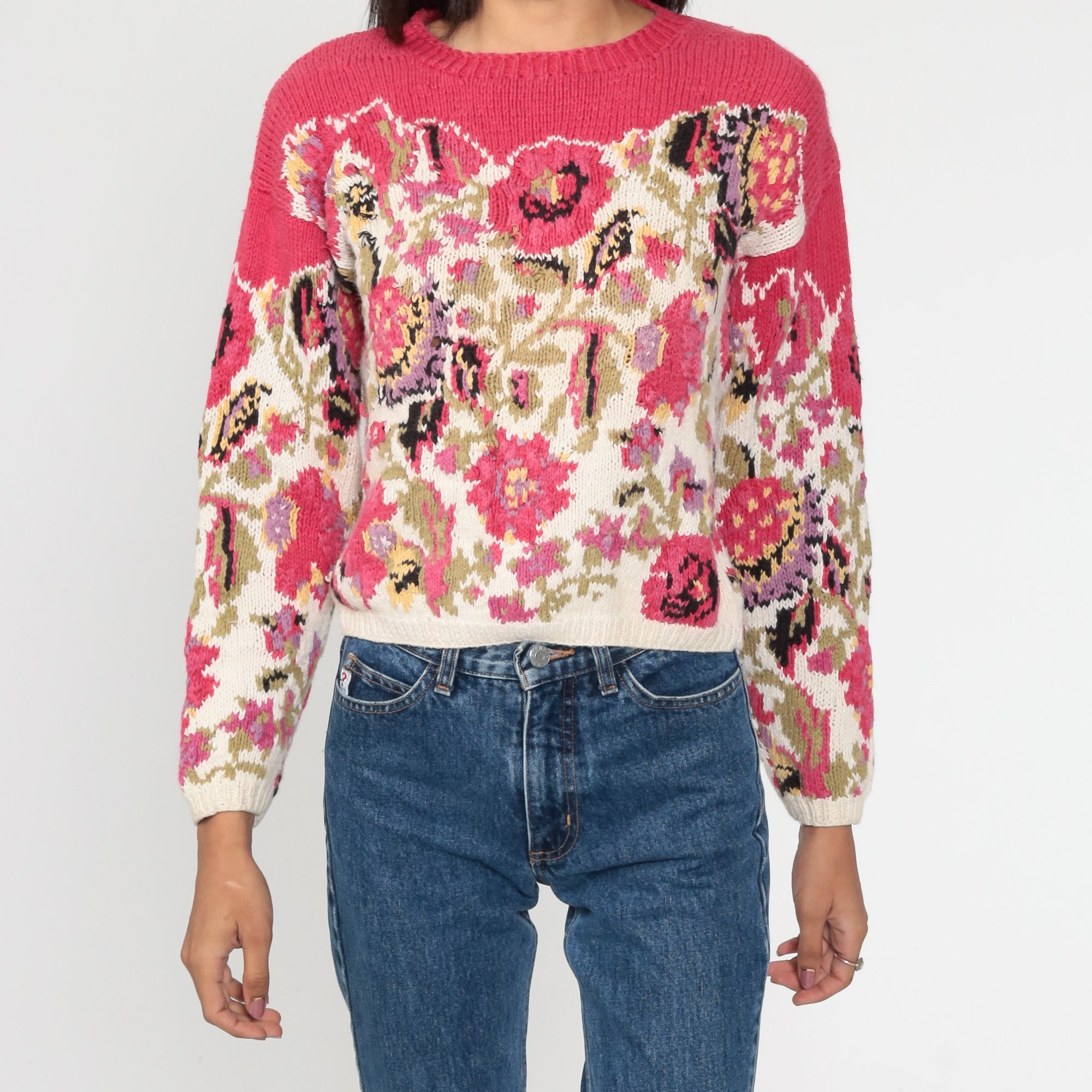 Pink Floral Sweater 90s Graphic Print Cotton Ramie Sweater Etsy