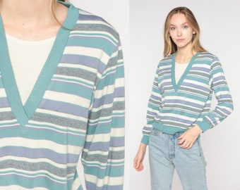 Striped Shirt 80s Long Sleeve V Neck Layered Top Modest Retro Tee Hipster Normcore Basic Streetwear White Blue Grey Vintage 1980s Small S