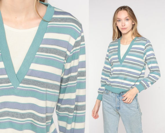 Striped Shirt 80s Long Sleeve V Neck Layered Top Modest Retro Tee Hipster Normcore Basic Streetwear White Blue Grey Vintage 1980s Small S