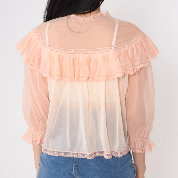 70s Bed Jacket Peach Pink Lingerie Top Ruffled La… - image 7