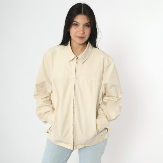 Vintage Cream Windbreaker Jacket 80s Full Zip Up Bomber Retro Classic Neutral Spring Jacket Plain Streetwear 1980s Men's Medium M