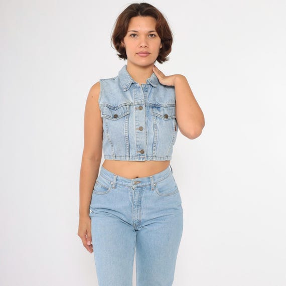 90s Cropped Denim Vest Blue Jean Crop Top Sleeveless Jean Biker Top Boho Rocker Hipster Button Up Shirt Vintage Y2K Small Medium S M