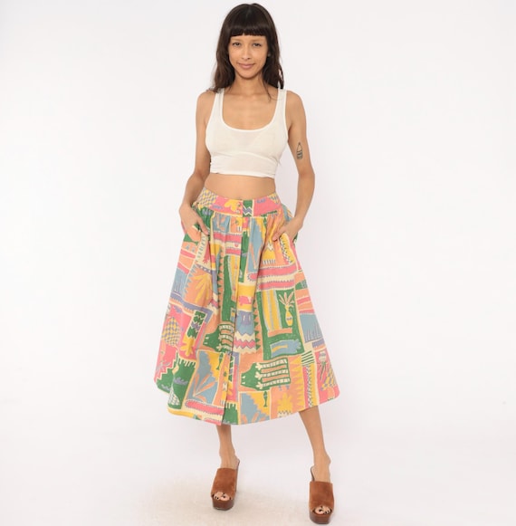 Laura Ashley Abstract Print Skirt 90s Colorful Cotton Button Front Multicolor Green Pink Yellow Blue Artistic Patchwork Tropical Medium M