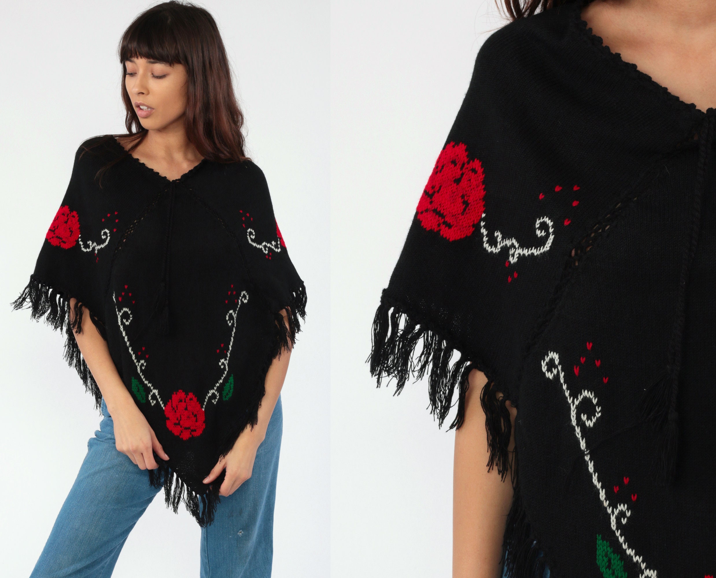 Floral Knit Shawl Fringe Shawl Poncho 