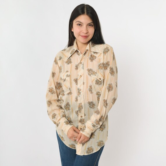 Vintage Floral Western Shirt 70s Pearl Snap Shirt Striped Print Button up Long Sleeve Cowboy Rodeo Mustard 1970s Wrangler Men's Small Medium