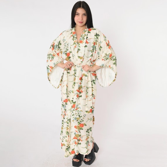 Vintage Floral Silk Kimono Robe 60s Japanese Ivory Lounge Wear 1960s Long Belted Dressing Gown Wide Sleeve Full Maxi Length OS S M L