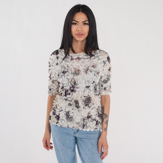 Floral Top 90s Popcorn Texture Blouse Stretchy Short Sleeve Shirt Retro Casual Summer Party Rose Print Vintage 1990s Small Medium Large XL
