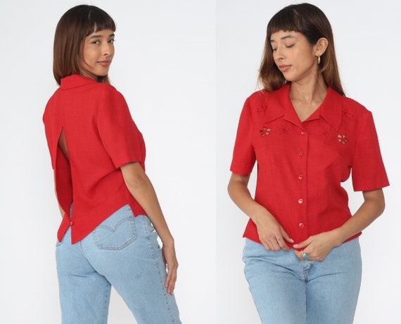 Embroidered Cutout Blouse 90s Red Slit Back Button up Top Floral Cutwork Shirt Boho Cut Out Retro Bohemian Vintage 1990s Medium 10