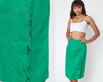 80s Pencil Skirt Embroidered MESH Leaf Print Kelly Green Cutout Wrap 1980s Vintage High Waist Wiggle Bali Knee Length Extra Small xs