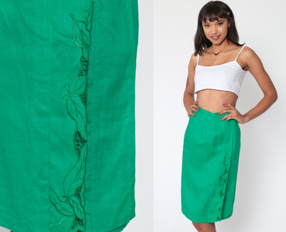 Green embroidered pencil skirt top