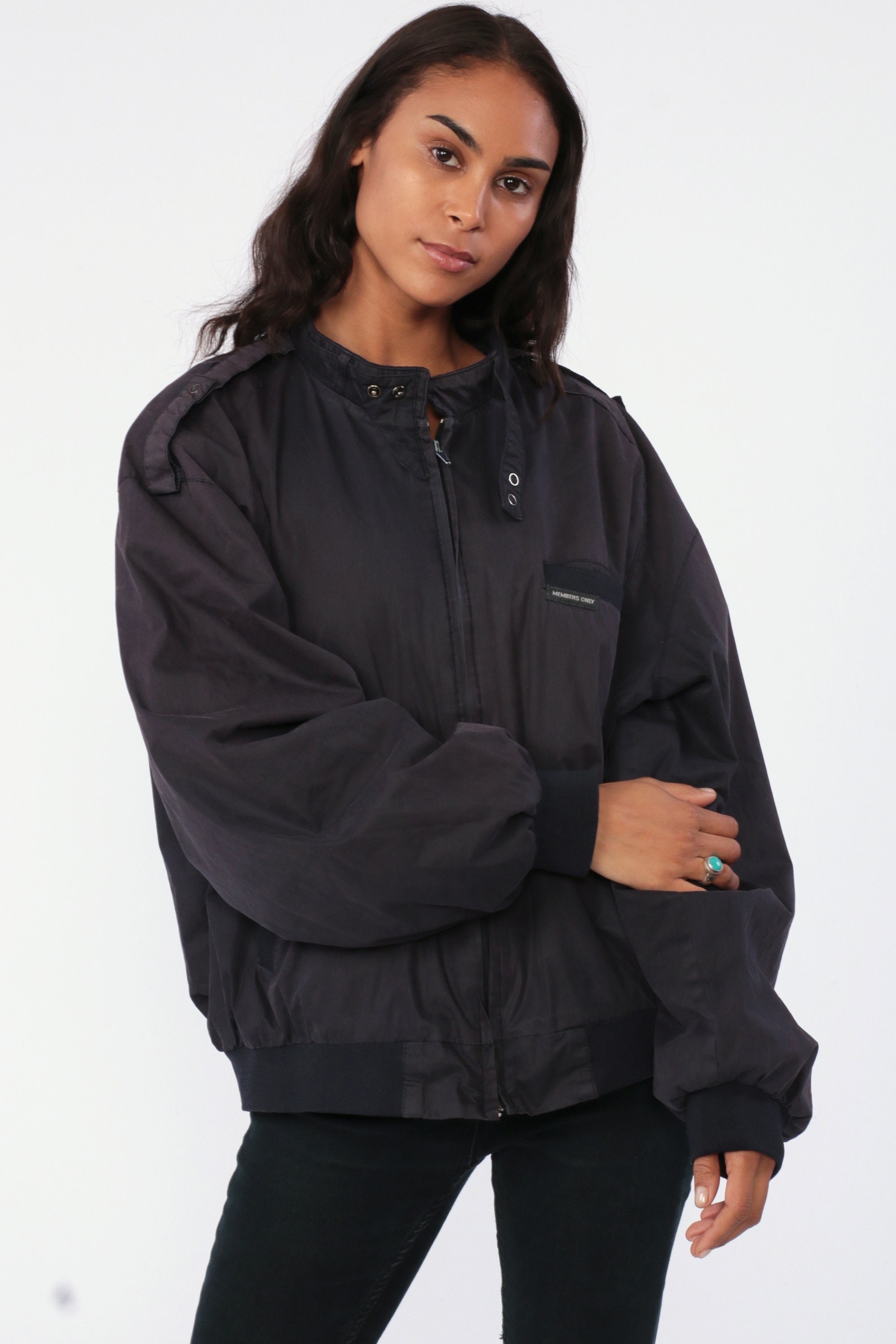 Members Only Jacket 80s Black Bomber Zip Up Windbreaker Cafe Racer Moto Hipster Epaulette Coat 
