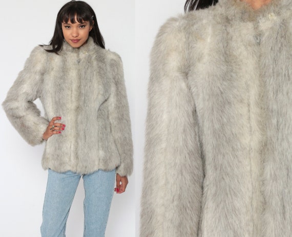 Jordache Faux Fur Jacket 80s Boho Grey FUZZY Coat