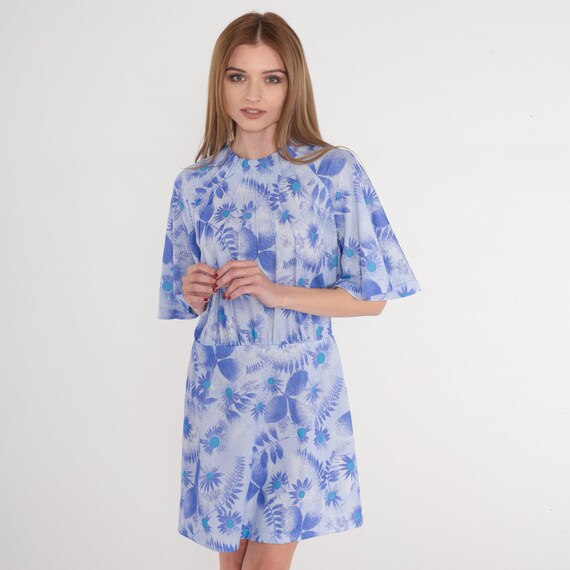 Purple Floral Dress 70s 80s Mini Dress Short Flutter Sleeve High Waisted Flower Print Retro Garden Party Minidress Vintage 1980s Small S