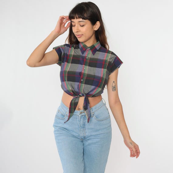 Vintage Checkered Crop Top 90s Plaid Button up Shirt Tie Waist Cap Sleeve Dark Academia Collared Blouse Grey Black Preppy 1990s Small/xs