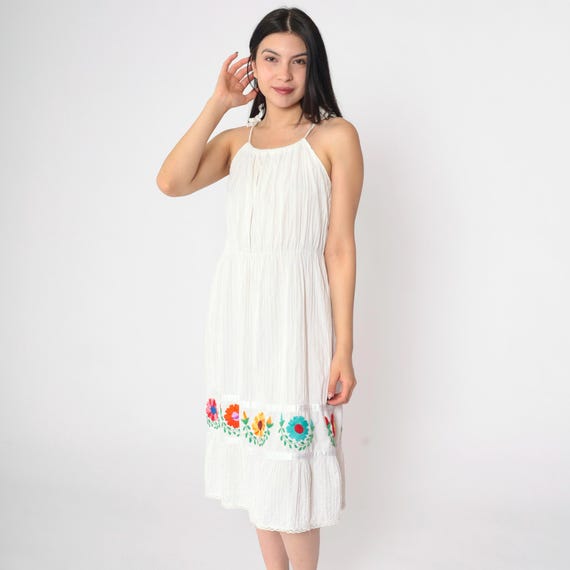 Vintage White Mexican Sundress 80s Floral Embroidered Midi Dress Spaghetti Strap Flower High Waisted Midi Boho Pintuck Pleated 1980s Medium