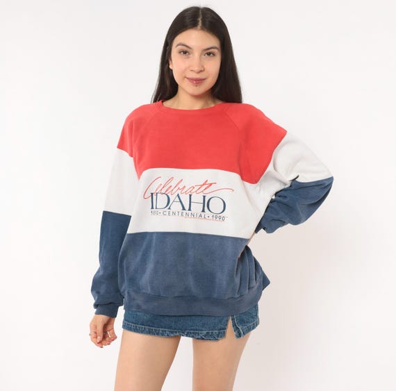 Celebrate Idaho Centennial Sweatshirt 90s Color Block Crewneck Red White Navy Blue Striped Pullover Cotton Collegiate Vintage Top Medium M
