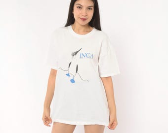 90s Blue Footed Booby Tee INCA Nature Bird Cotton White Cream Wildlife Animal Galapagos Birdwatching Relaxed Fit Vintage Shirt Medium M