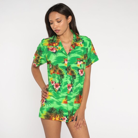 Tropical Floral Shirt 80s Neon Green Hawaiian Blouse Palm Tree Button Up Shirt Vintage Surfer Vacation Short Sleeve Top 1980s Island Medium