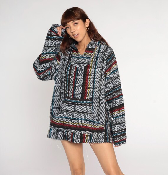 Baja Hoodie 90s Mexican White Striped Drug Rug Sweatshirt Hippie Hooded Blanket Kangaroo Red Blue Green Hood Vintage 1990s Extra Large XL