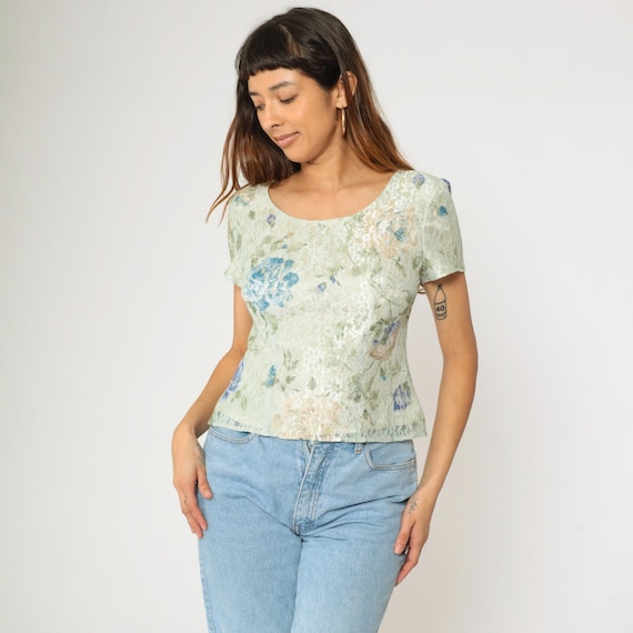 Vintage Floral Lace Top 90s Green Blouse Boho Scoop Neck Pastel Shirt Bohemian Short Sleeve Button Back 1990s Retro Size Small 6