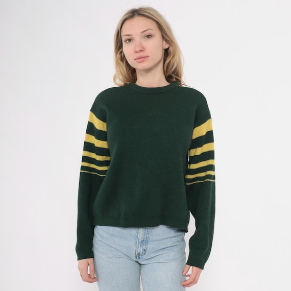 70s Striped Sleeve Sweater Forest Green Yellow  Wool Crew Neck Pullover Vintage Knit Boxy Oversized Grandpa Cozy Chunky Warm Large L