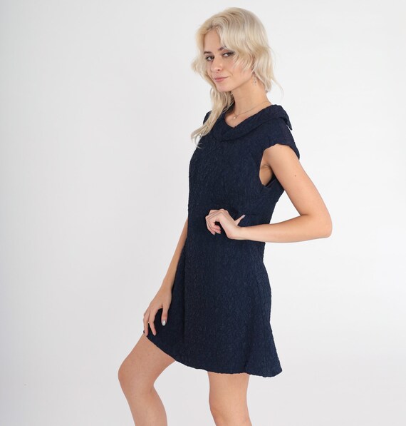 60s Shift Dress Mod Mini Dress Navy Blue Crinkled… - image 5
