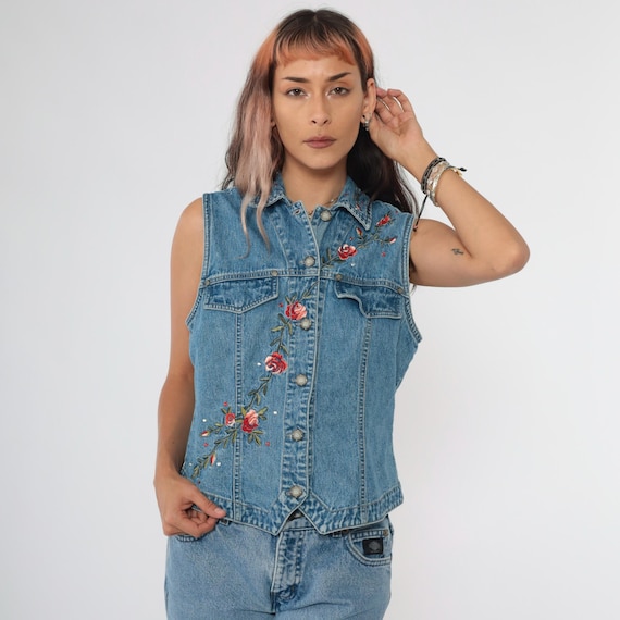 Vintage Floral Embroidered Vest Y2K Rhinestone Blue Denim Button Up Vest Summer Shirt Flower Embroidery Hippie Sleeveless 90s Small Medium