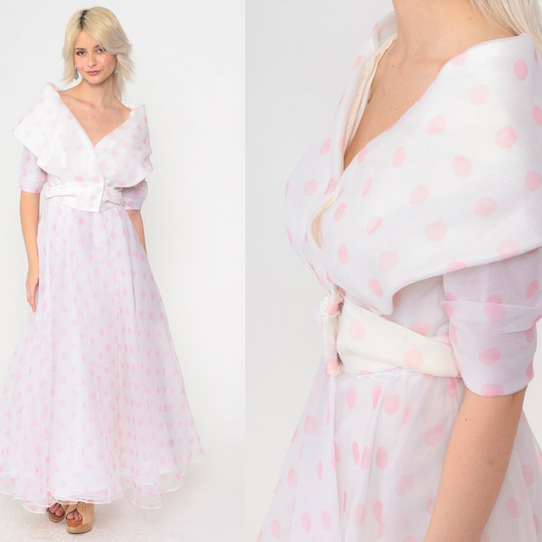 Polka Dot Chiffon Dress 90s White Portrait Collar Maxi Dress Old Hollywood Gown 1990s Formal Evening Party Dress Baby Pink Vintage Small 4