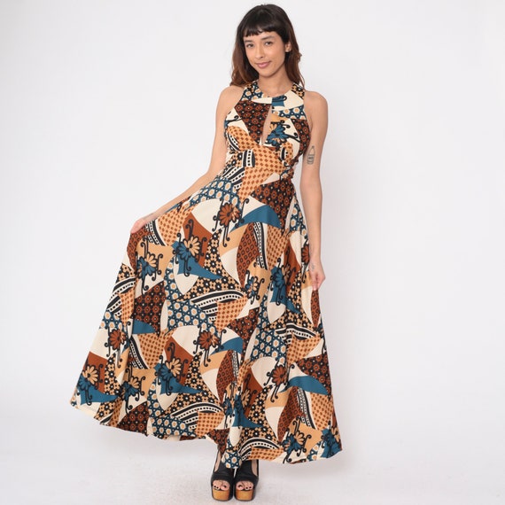 70s Maxi Dress Patchwork Long Boho Sundress Abstract Floral Print Keyhole Cutout Strappy Racerback Sleeveless Vintage 1970s Extra Small xs