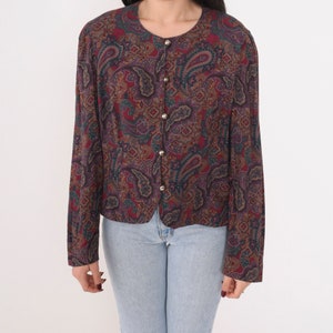 Red Paisley Blouse 90s Button Up Shirt Long Sleeve Top Retro Boho Hippie Psychedelic Festival Purple Green Vintage 1990s Large l 14 Petite
