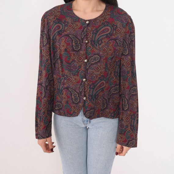 Red Paisley Blouse 90s Button Up Shirt Long Sleeve Top Retro Boho Hippie Psychedelic Festival Purple Green Vintage 1990s Large l 14 Petite
