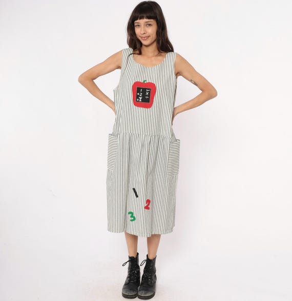 90s Teacher Dress Striped Apple Chalkboard Applique Novelty Drop Waist Cotton School Theme Black White Math Numbers Vintage Medium Large M L