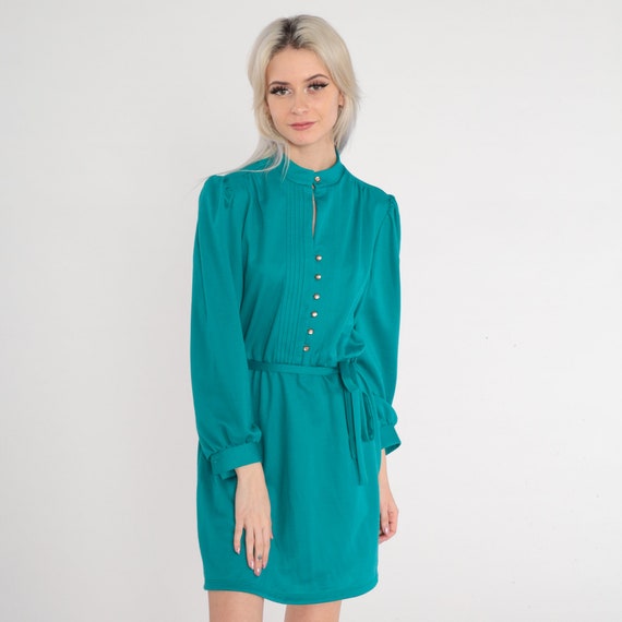 Teal Green Dress 80s Mini Dress Pleated Button Up… - image 3