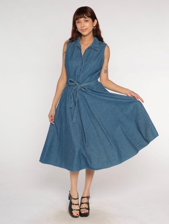 Y2K Denim Summer Dress Blue Chambray Midi Sleeveless Collared Shirt Dress Tie Waist Belt Full Skirt Cotton Vintage Casual Nerdcore Large L