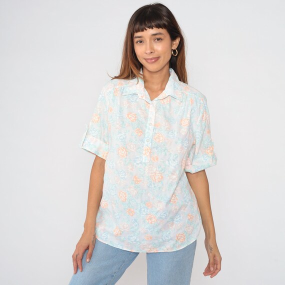 Pastel Floral Blouse 90s White Half Button up Shirt Orange Blue Flower Rose Print Top Cuffed Roll Tab Sleeve Collared Vintage 1990s Medium M