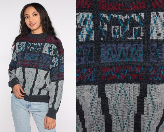 90s Abstract Geometric Sweater Grey Red Charcoal Print Knit - Etsy