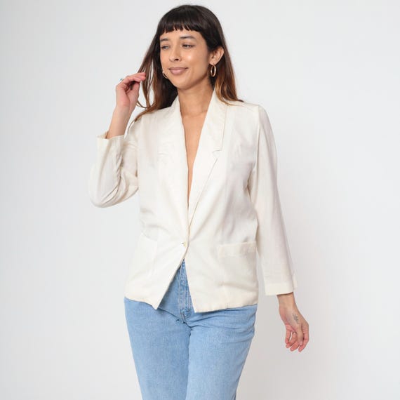 Vintage White Blazer Jacket 80s Deep V Neck Button Up 1980s Structured Work Blazer Single Button Plain Solid Size 2 Petite xs